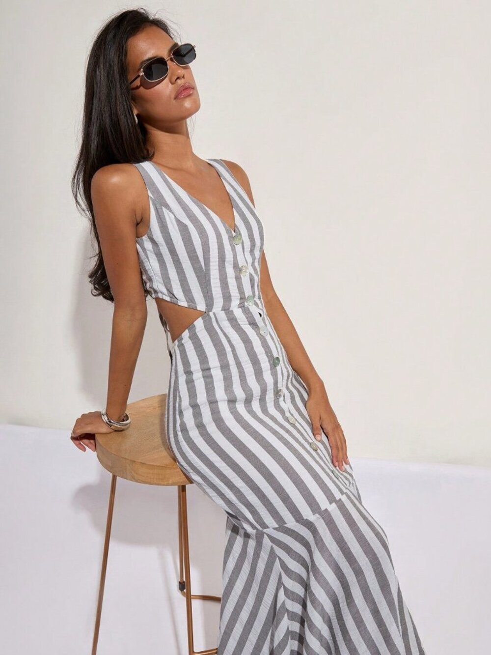 Multicolor Casual Women's striped hollow Back v-neck Mermaid maxi Dress vacay